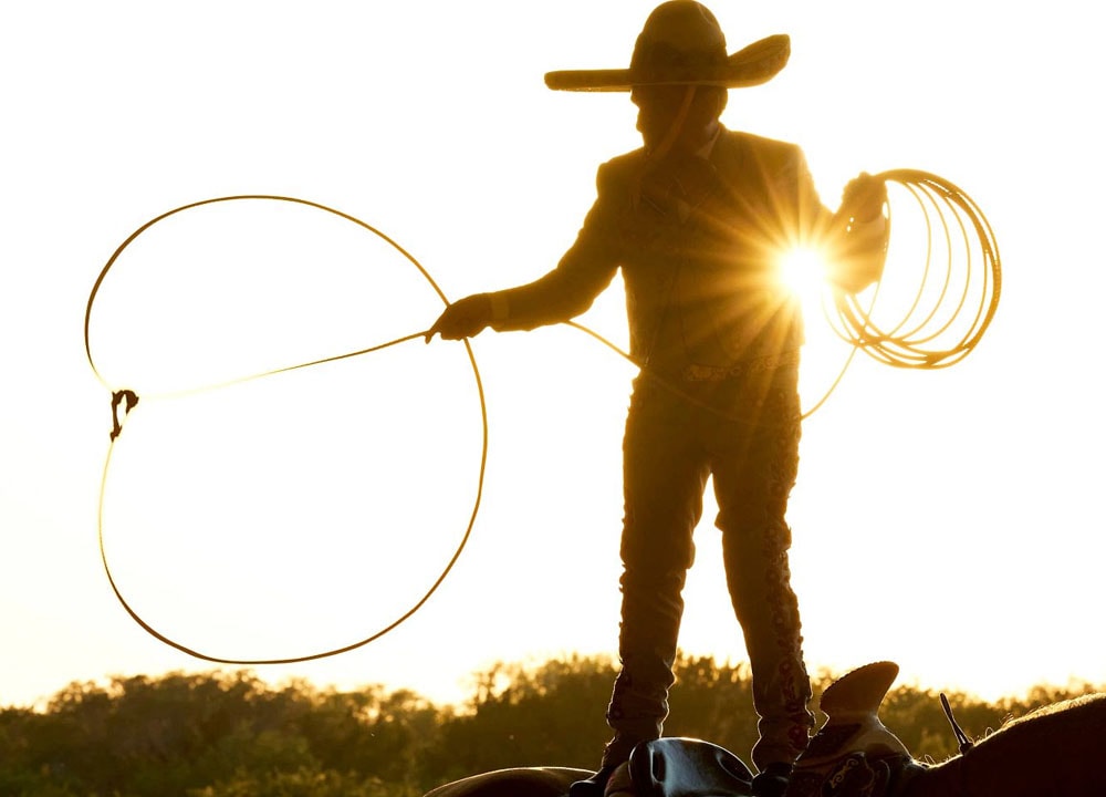 La silueta de un hombre parado encima de un caballo, balanceando una cuerda.
